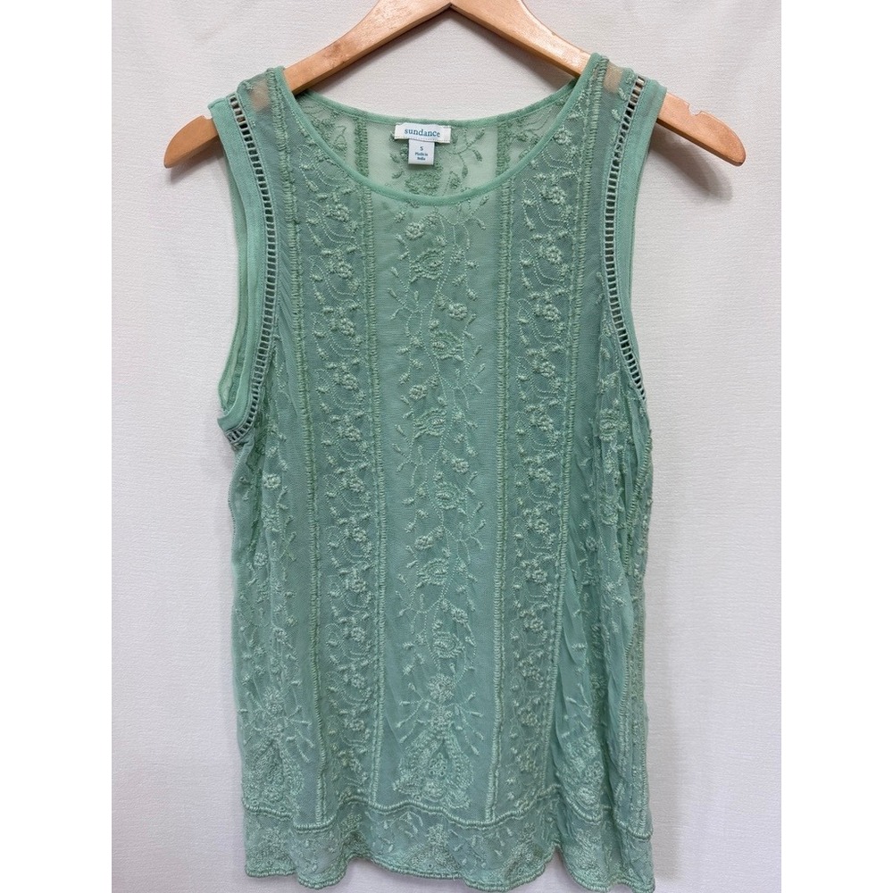 Sundance Embroidered Mesh Tank Top Women S Green Boho Romantic Floral Sleeveless